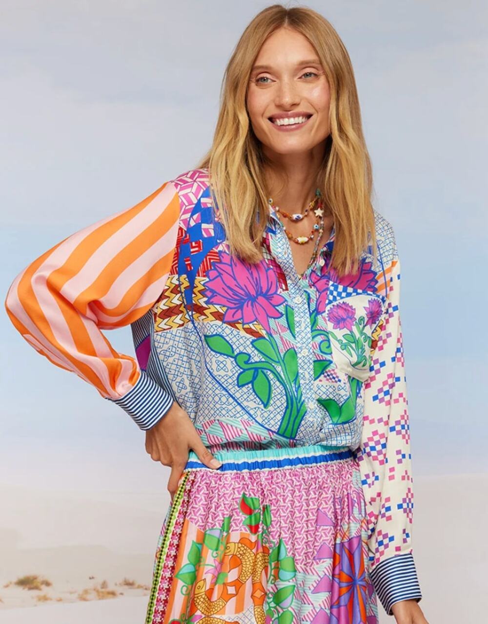 Me369 Shirt Medium Isabel Mix Print Je T'aime Floral Print Button Up Artsy Boho